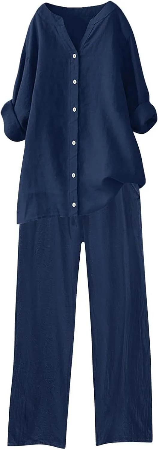 Linen Sets for Women Summer Lightweight Lapel Button Down Long Sleeve Shirts Wide Leg Pant 2 Piece Outfits Tracksuit