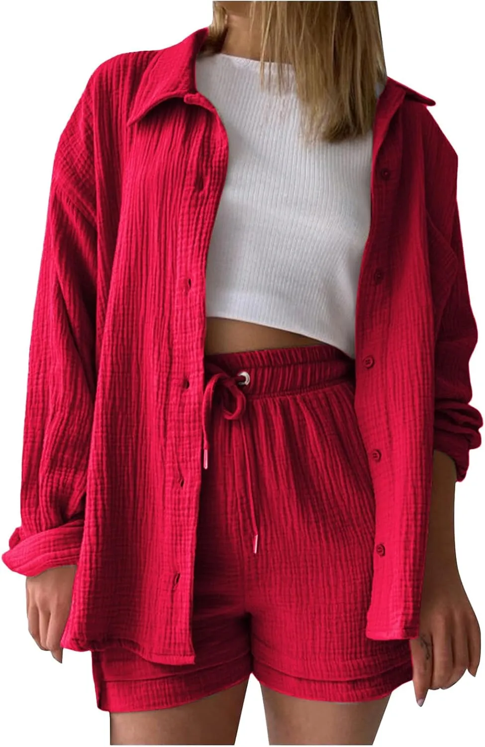 Linen Short Set for Women Casual Button Up Shirts and Drawstring Waisted Shorts Sets Matching Lounge Outfits 2025