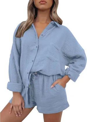 Linen Short Set for Women Casual Button Up Shirts and Drawstring Waisted Shorts Sets Matching Lounge Outfits 2025