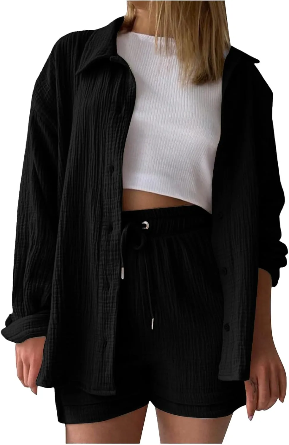 Linen Short Set for Women Casual Button Up Shirts and Drawstring Waisted Shorts Sets Matching Lounge Outfits 2025