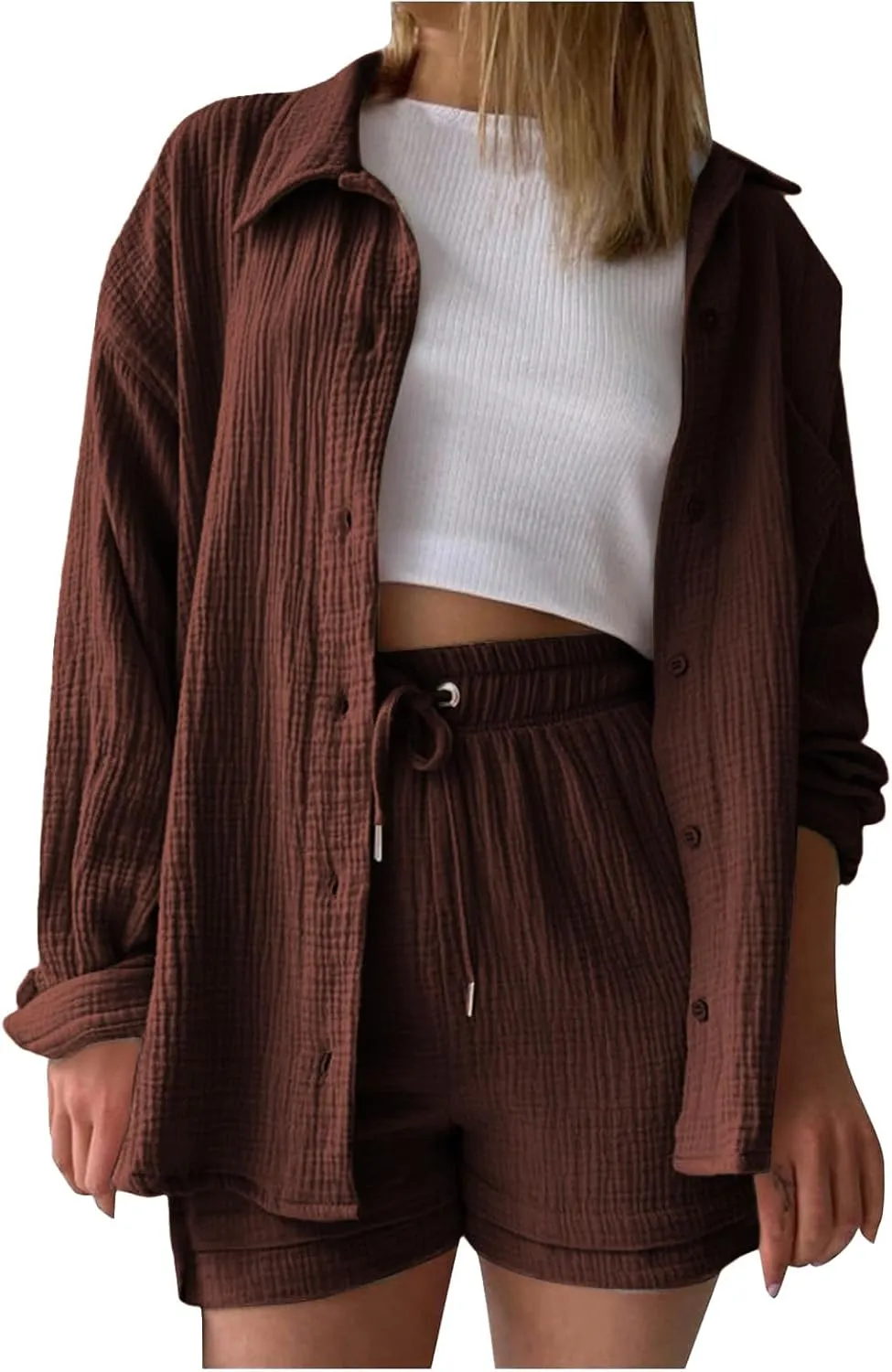 Linen Short Set for Women Casual Button Up Shirts and Drawstring Waisted Shorts Sets Matching Lounge Outfits 2025