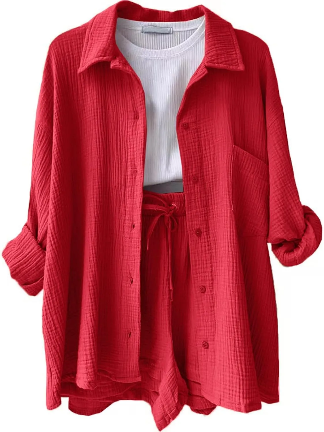 Linen Short Set for Women Casual Button Up Shirts and Drawstring Waisted Shorts Sets Matching Lounge Outfits 2025