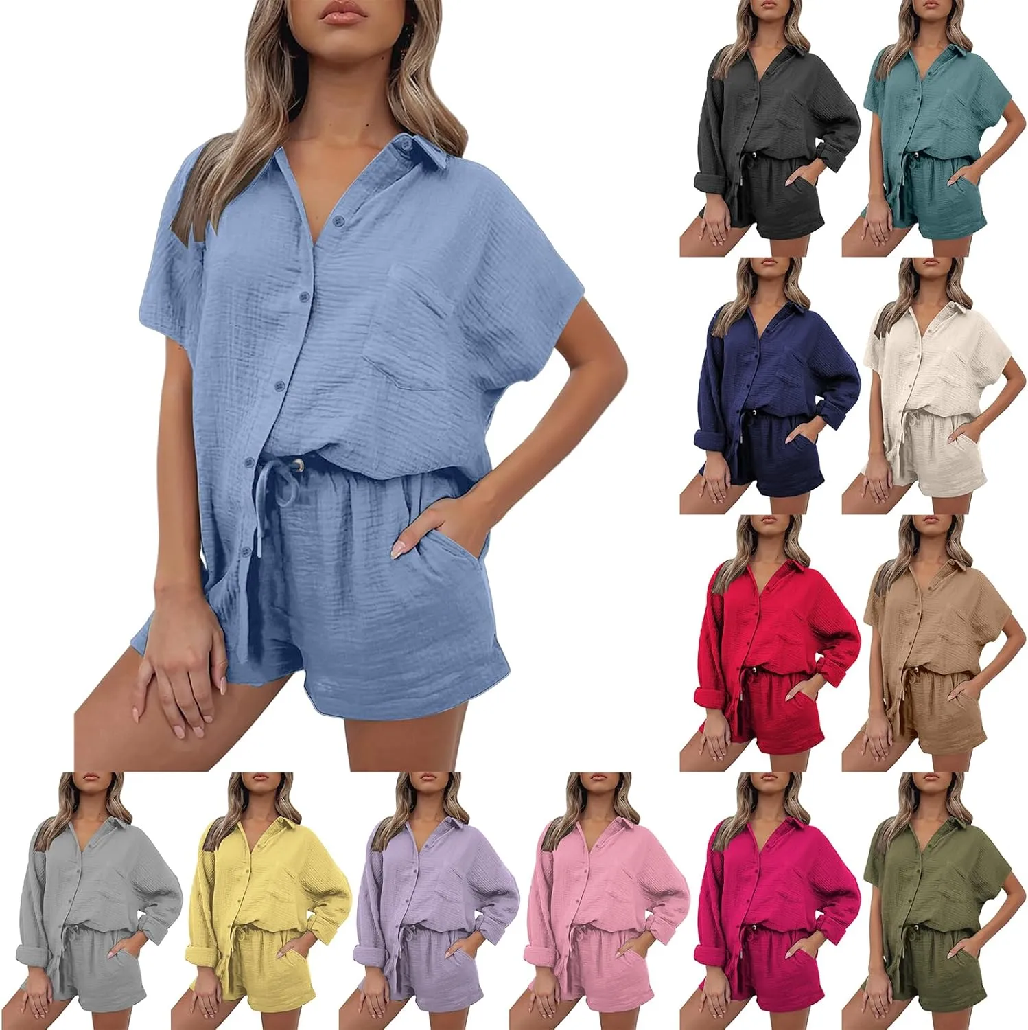 Linen Short Set for Women Casual Button Up Shirts and Drawstring Waisted Shorts Sets Matching Lounge Outfits 2025