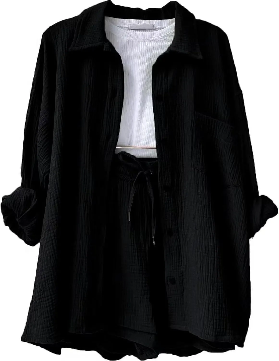 Linen Short Set for Women Casual Button Up Shirts and Drawstring Waisted Shorts Sets Matching Lounge Outfits 2025