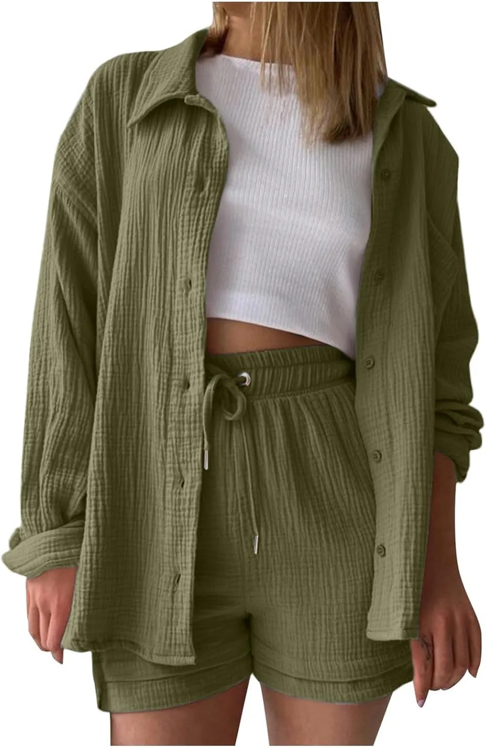 Linen Short Set for Women Casual Button Up Shirts and Drawstring Waisted Shorts Sets Matching Lounge Outfits 2025