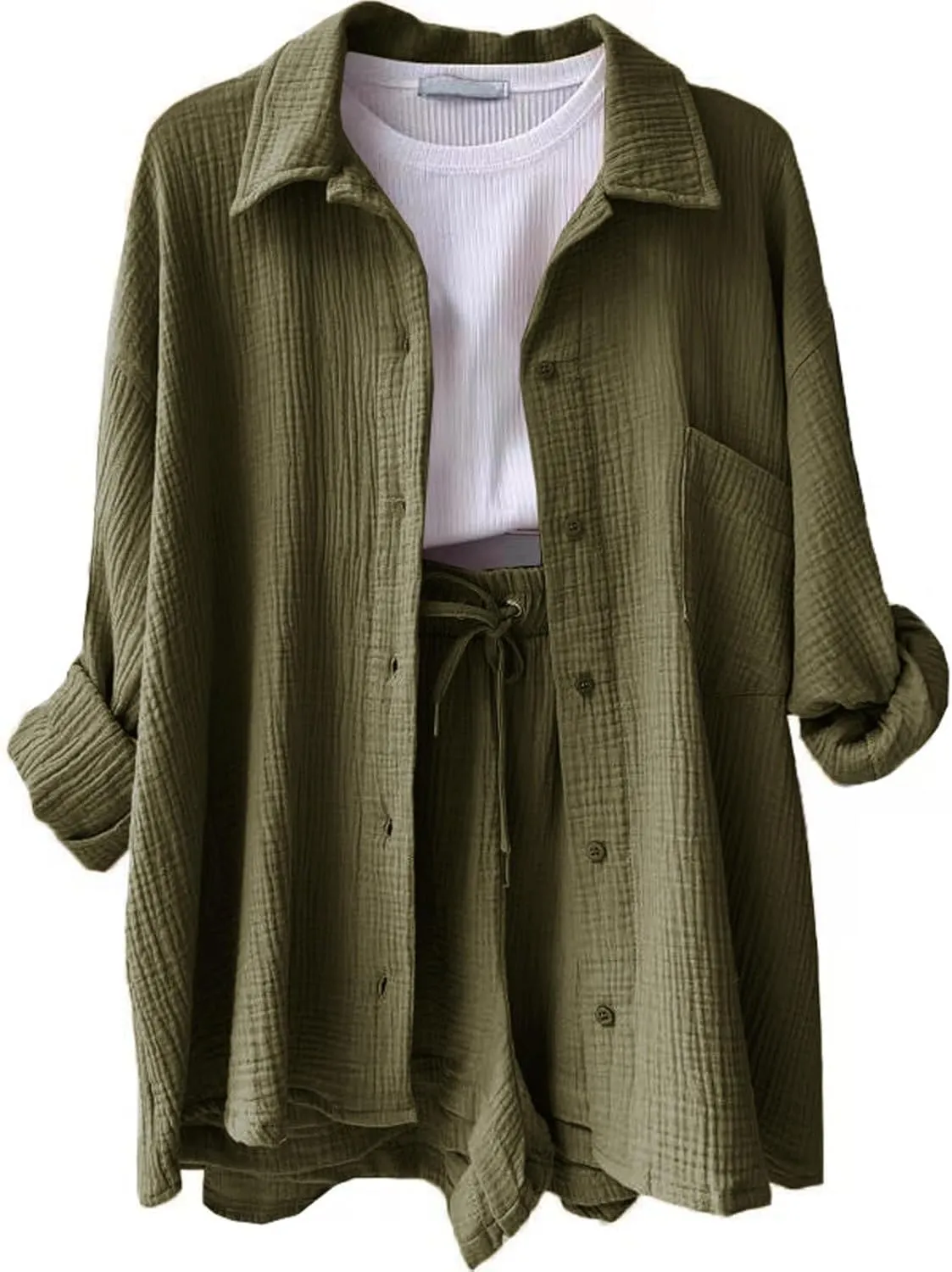 Linen Short Set for Women Casual Button Up Shirts and Drawstring Waisted Shorts Sets Matching Lounge Outfits 2025