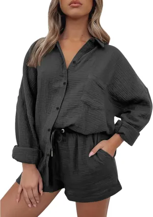 Linen Short Set for Women Casual Button Up Shirts and Drawstring Waisted Shorts Sets Matching Lounge Outfits 2025