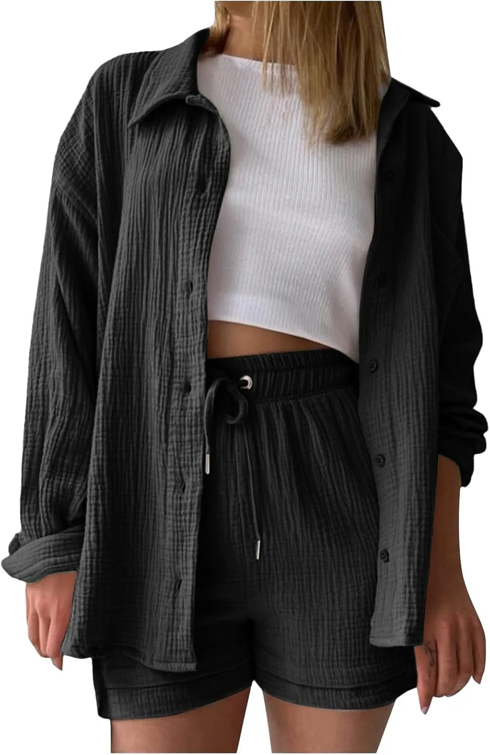 Linen Short Set for Women Casual Button Up Shirts and Drawstring Waisted Shorts Sets Matching Lounge Outfits 2025