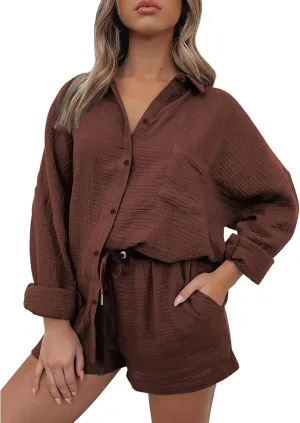 Linen Short Set for Women Casual Button Up Shirts and Drawstring Waisted Shorts Sets Matching Lounge Outfits 2025