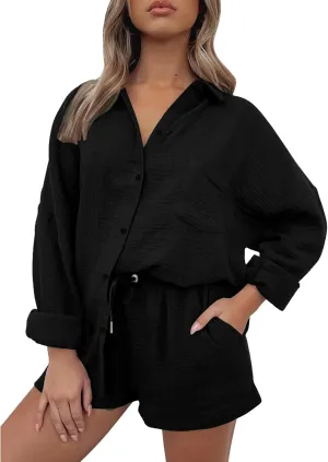 Linen Short Set for Women Casual Button Up Shirts and Drawstring Waisted Shorts Sets Matching Lounge Outfits 2025