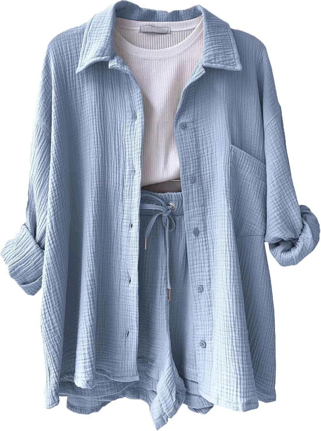 Linen Short Set for Women Casual Button Up Shirts and Drawstring Waisted Shorts Sets Matching Lounge Outfits 2025