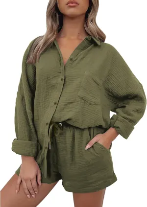 Linen Short Set for Women Casual Button Up Shirts and Drawstring Waisted Shorts Sets Matching Lounge Outfits 2025