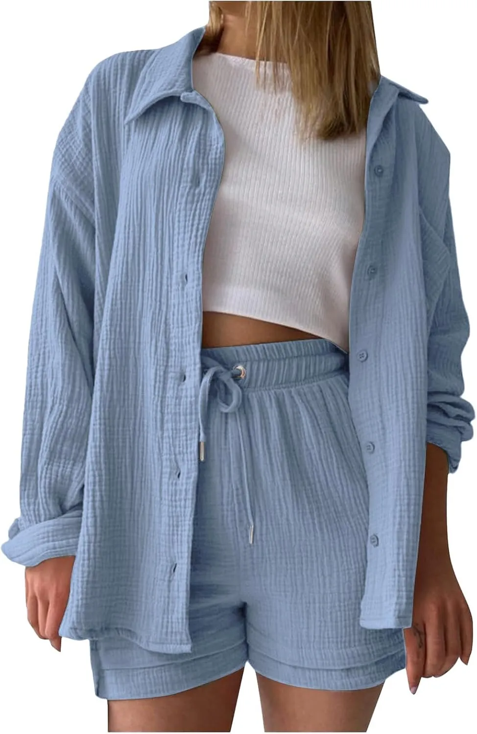 Linen Short Set for Women Casual Button Up Shirts and Drawstring Waisted Shorts Sets Matching Lounge Outfits 2025