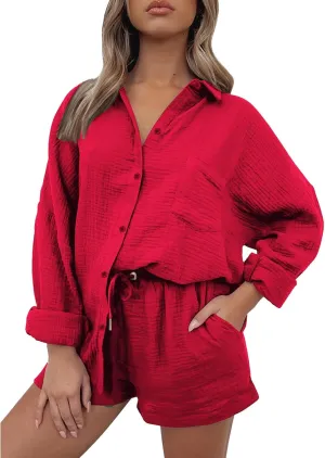 Linen Short Set for Women Casual Button Up Shirts and Drawstring Waisted Shorts Sets Matching Lounge Outfits 2025