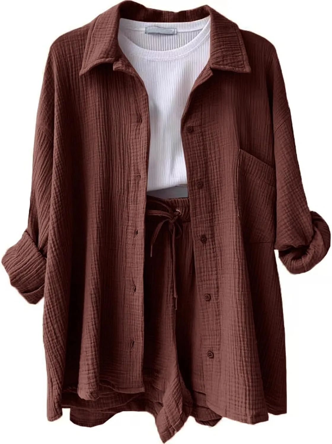 Linen Short Set for Women Casual Button Up Shirts and Drawstring Waisted Shorts Sets Matching Lounge Outfits 2025