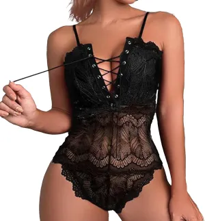 Lingerie for Women Black Lace Naughty Bodysuit Deep V Lingerie Hollow Out One Piece Babydoll Black Floral Body Suit Boudoir Nightwear Chemise Nightgowns Snap Crotch Underwear