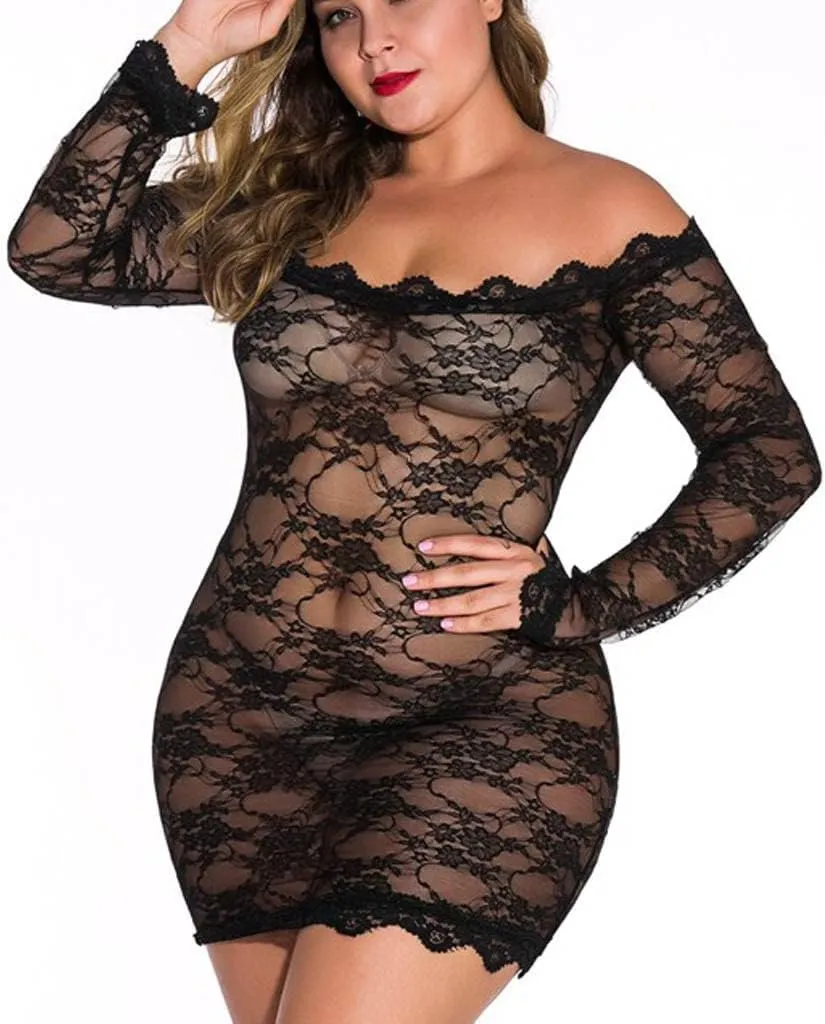 Lingerie Sets Chemises Sexy Women Lace Mesh See Through Plus Size Off Shoulder Long Sleeve Nightgown With Thong Sets