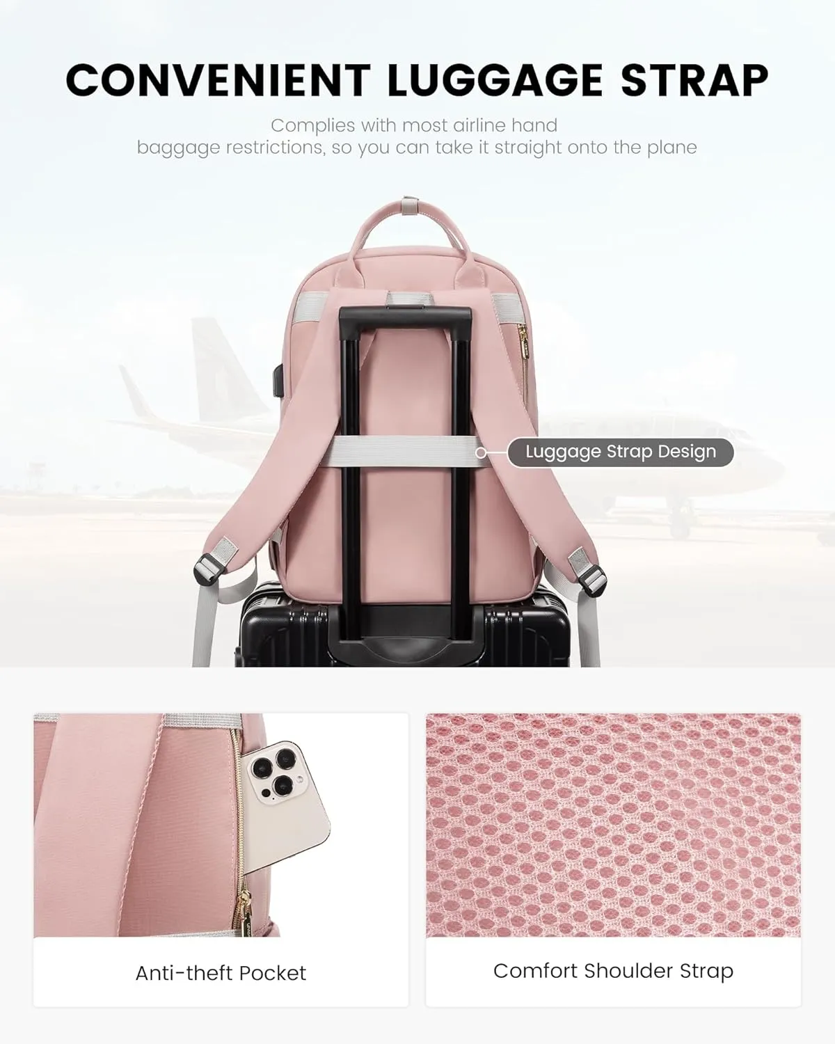 LOVEVOOK Laptop Backpack, D-Pink-Grey, 15.6in Laptop Compartment, 26L Capacity, 18 Pockets, Ergonomic Shoulder Straps, USB Charging Port