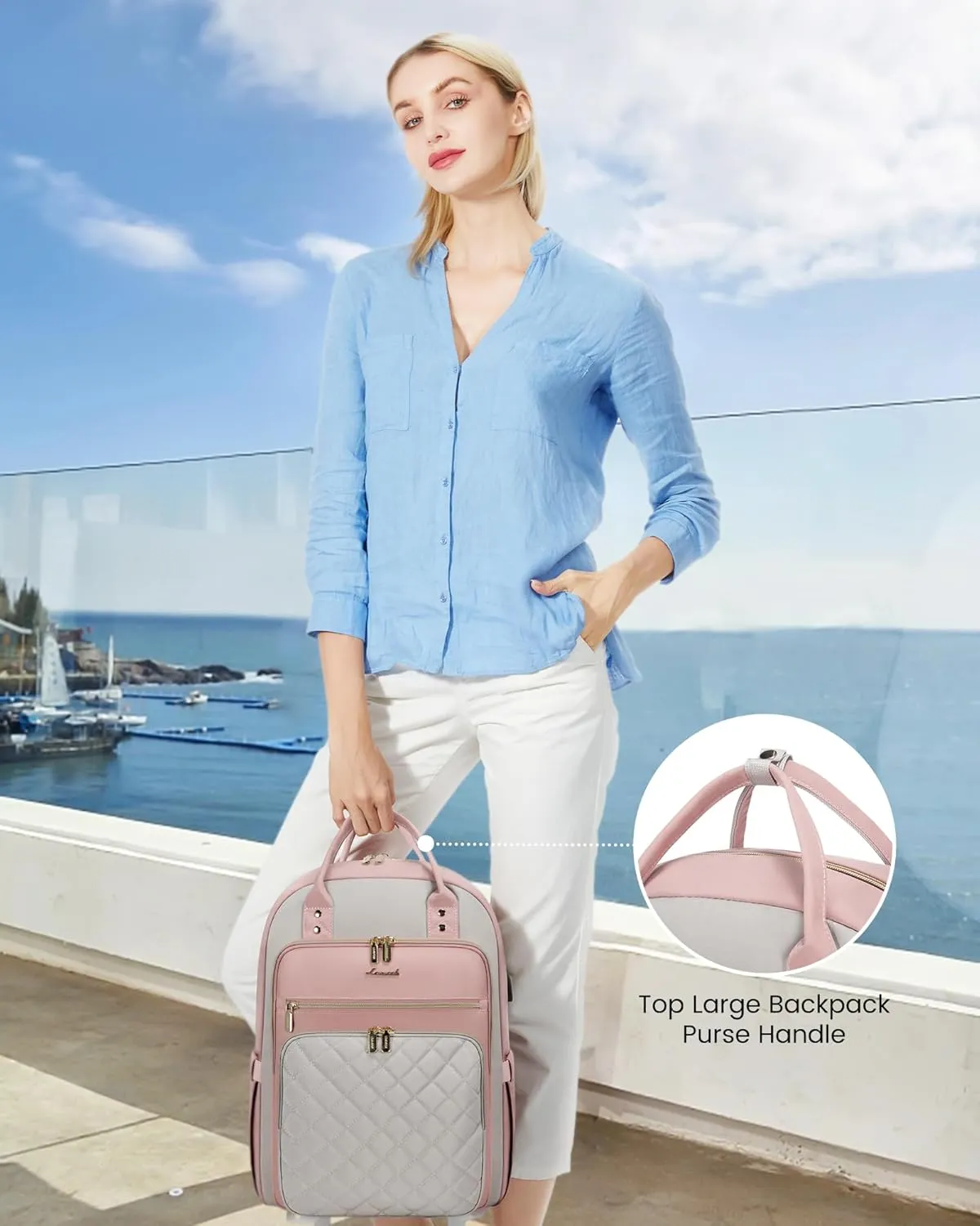 LOVEVOOK Laptop Backpack, D-Pink-Grey, 15.6in Laptop Compartment, 26L Capacity, 18 Pockets, Ergonomic Shoulder Straps, USB Charging Port