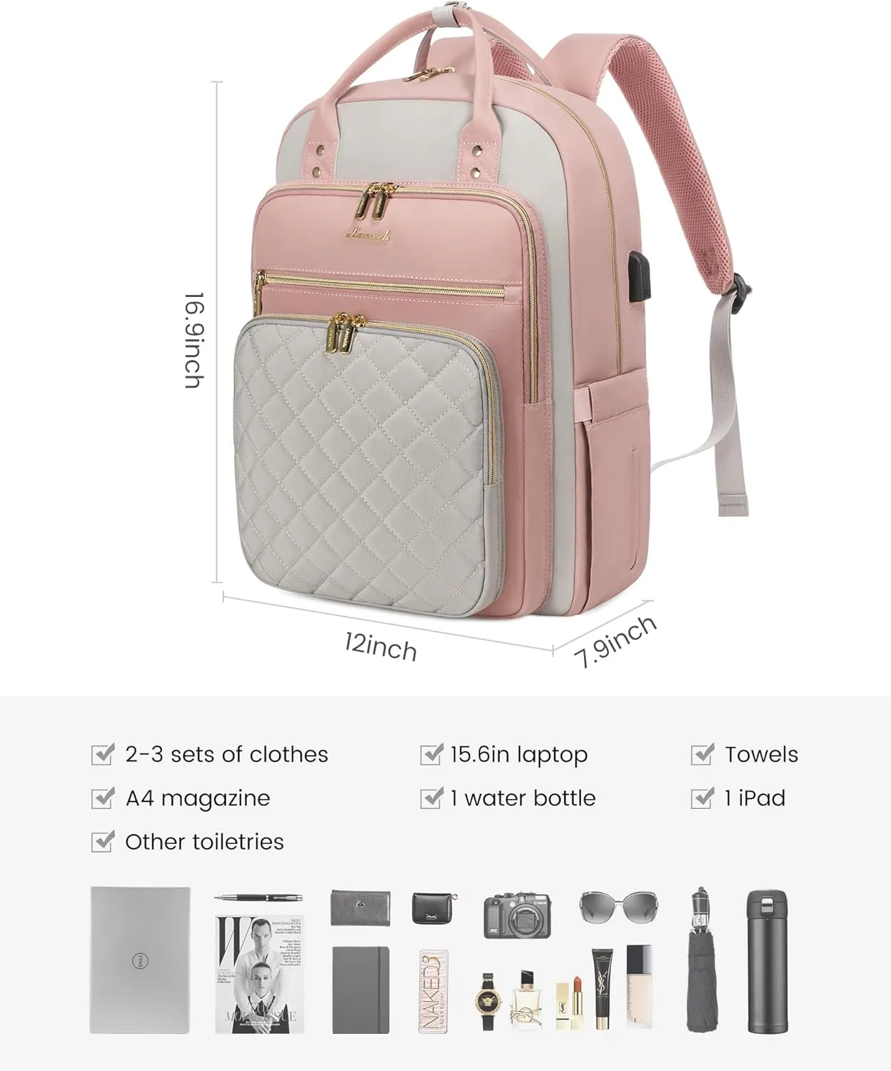 LOVEVOOK Laptop Backpack, D-Pink-Grey, 15.6in Laptop Compartment, 26L Capacity, 18 Pockets, Ergonomic Shoulder Straps, USB Charging Port