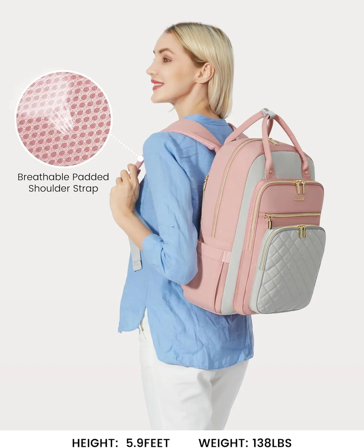 LOVEVOOK Laptop Backpack, D-Pink-Grey, 15.6in Laptop Compartment, 26L Capacity, 18 Pockets, Ergonomic Shoulder Straps, USB Charging Port