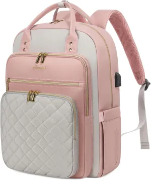 LOVEVOOK Laptop Backpack, D-Pink-Grey, 15.6in Laptop Compartment, 26L Capacity, 18 Pockets, Ergonomic Shoulder Straps, USB Charging Port