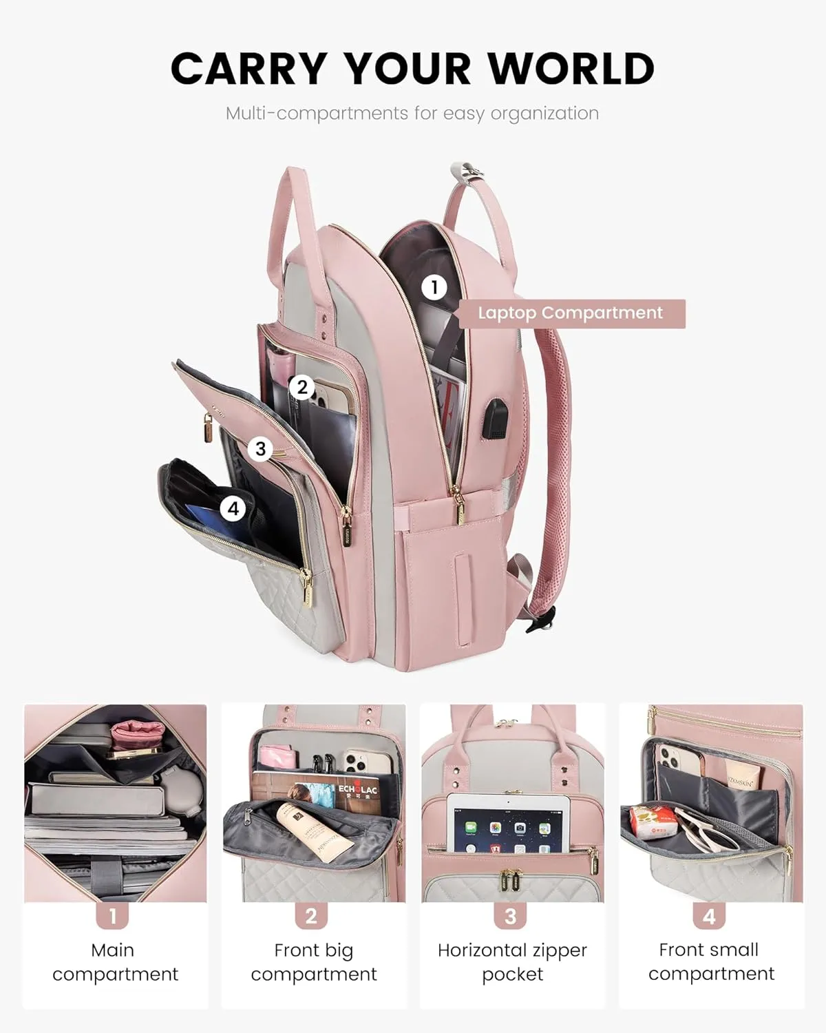 LOVEVOOK Laptop Backpack, D-Pink-Grey, 15.6in Laptop Compartment, 26L Capacity, 18 Pockets, Ergonomic Shoulder Straps, USB Charging Port