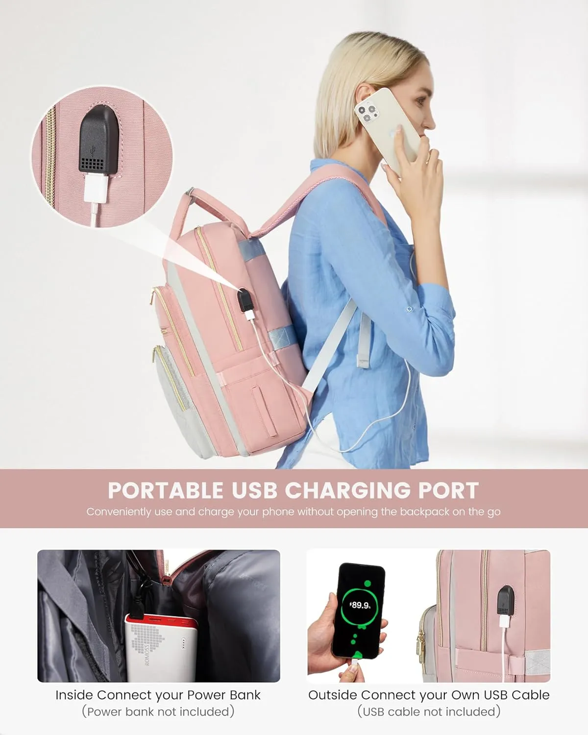 LOVEVOOK Laptop Backpack, D-Pink-Grey, 15.6in Laptop Compartment, 26L Capacity, 18 Pockets, Ergonomic Shoulder Straps, USB Charging Port