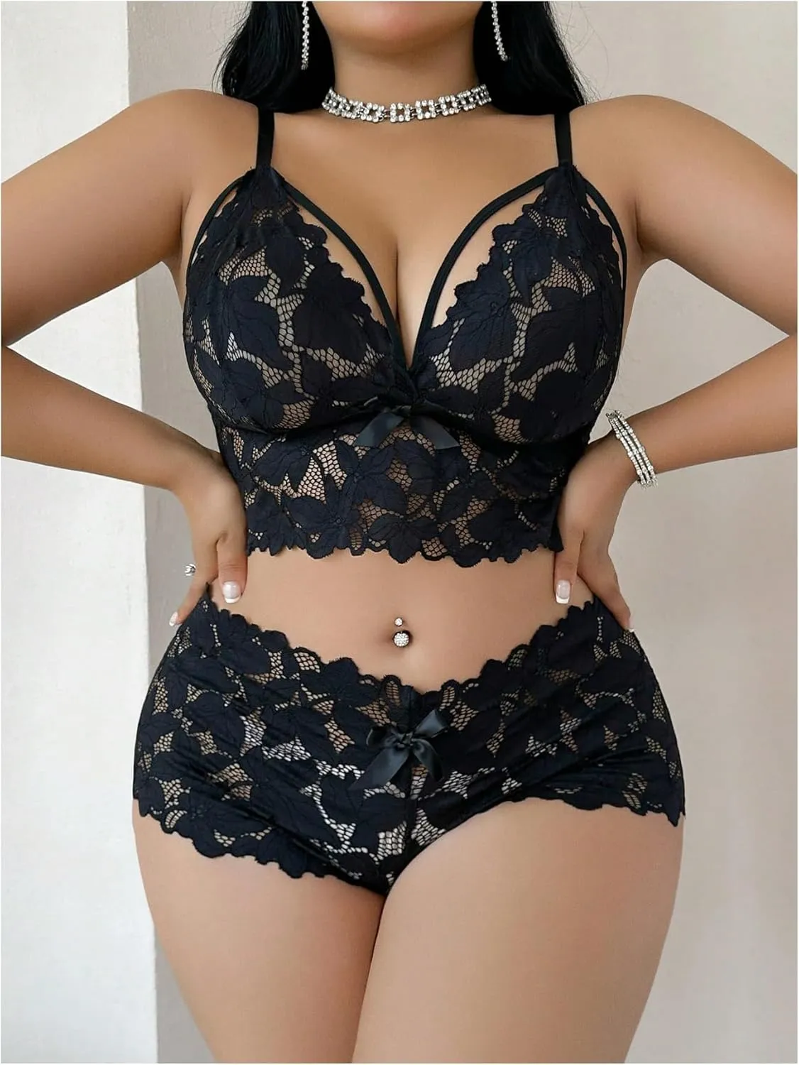 MakeMeChic Women's Plus Size Lingerie Sets Lace Sheer Bra and Panty Set
