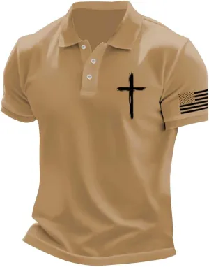 Mens 4th of July Patriotic Polo Shirts Button Lapel American Flag Golf Shirts Cross Nail Embroidered Basic Tees Tops