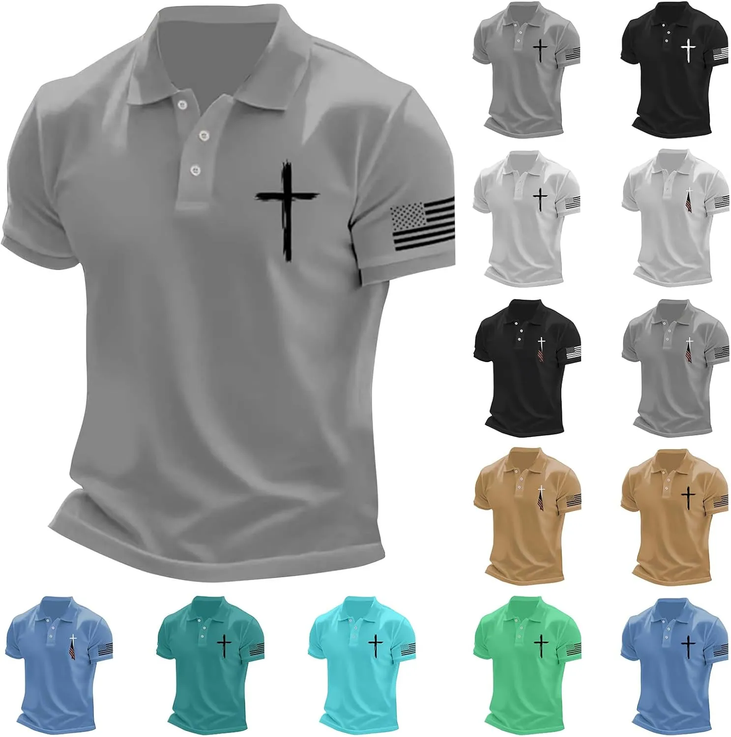 Mens 4th of July Patriotic Polo Shirts Button Lapel American Flag Golf Shirts Cross Nail Embroidered Basic Tees Tops