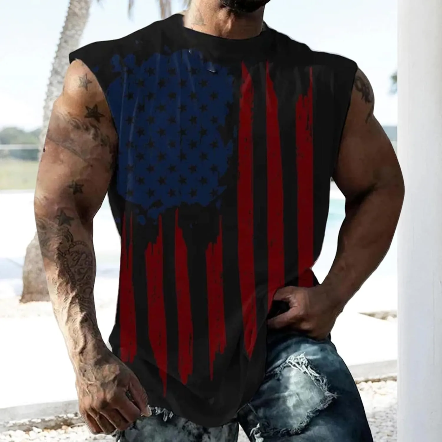 Mens American Flag Tank Tops 4th of July Patriotic Sleeveless Shirt Cut Off Muscle Fit Tops Gym Workout Sports Shirts