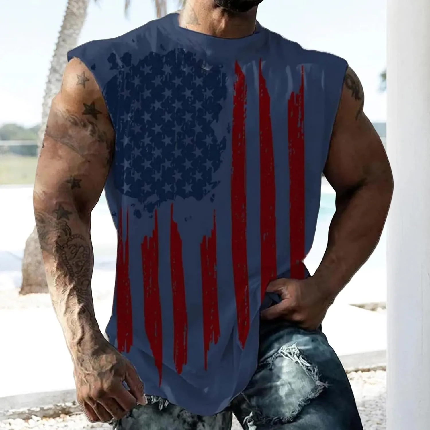 Mens American Flag Tank Tops 4th of July Patriotic Sleeveless Shirt Cut Off Muscle Fit Tops Gym Workout Sports Shirts