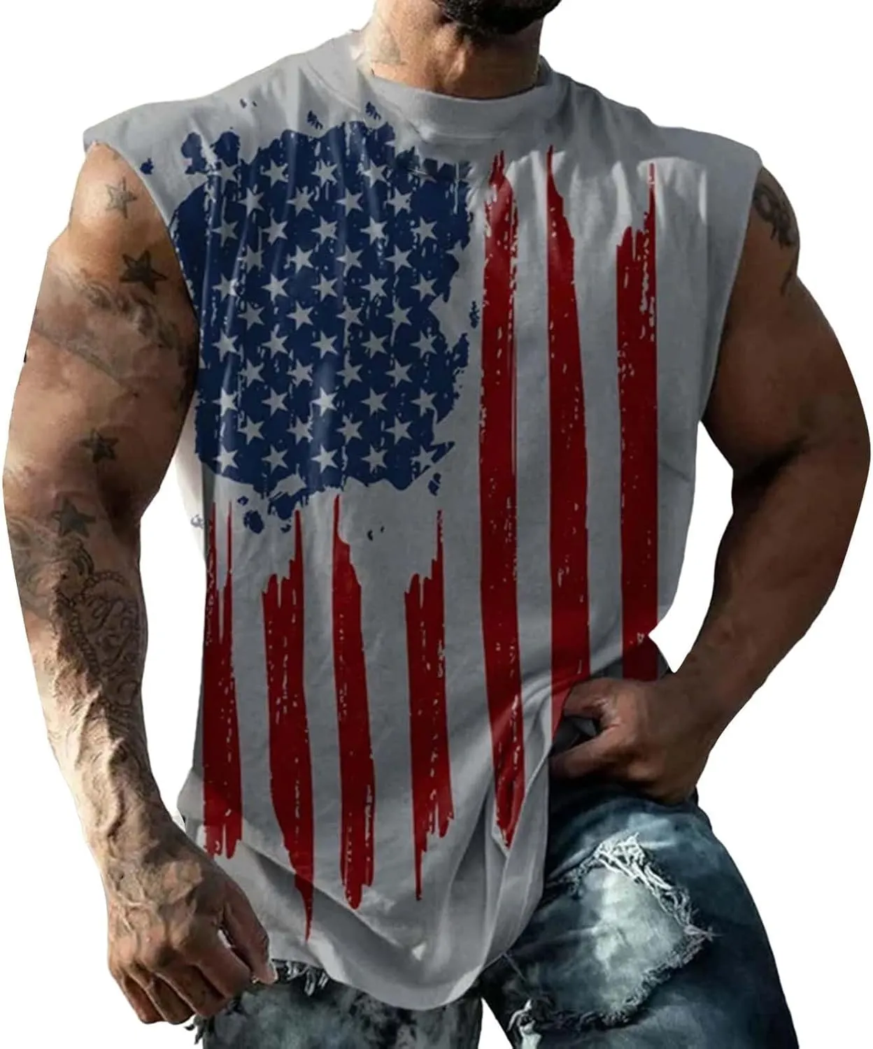 Mens American Flag Tank Tops 4th of July Patriotic Sleeveless Shirt Cut Off Muscle Fit Tops Gym Workout Sports Shirts