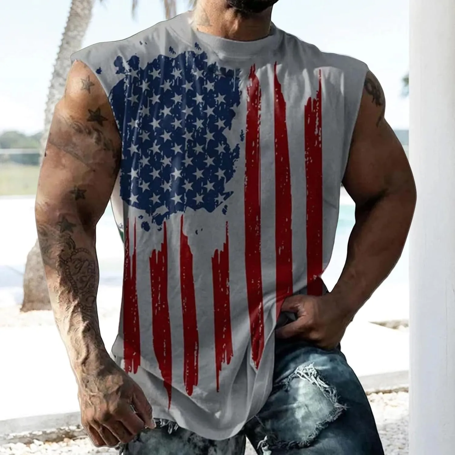 Mens American Flag Tank Tops 4th of July Patriotic Sleeveless Shirt Cut Off Muscle Fit Tops Gym Workout Sports Shirts