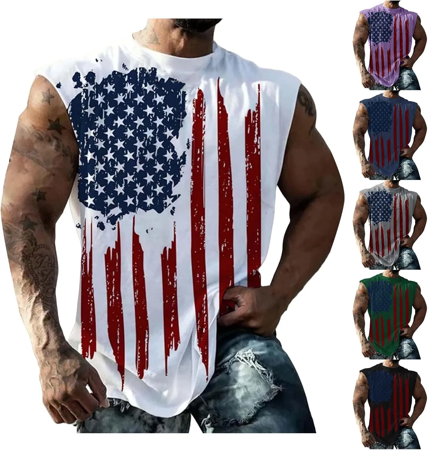 Mens American Flag Tank Tops 4th of July Patriotic Sleeveless Shirt Cut Off Muscle Fit Tops Gym Workout Sports Shirts