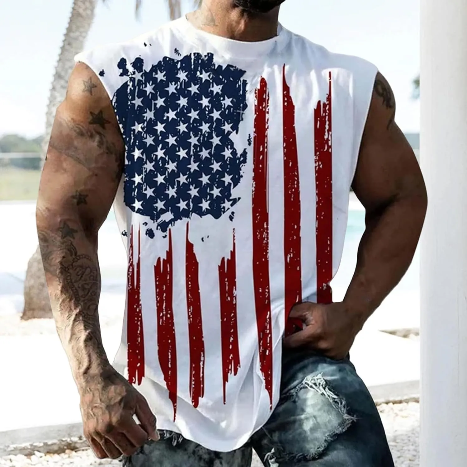 Mens American Flag Tank Tops 4th of July Patriotic Sleeveless Shirt Cut Off Muscle Fit Tops Gym Workout Sports Shirts