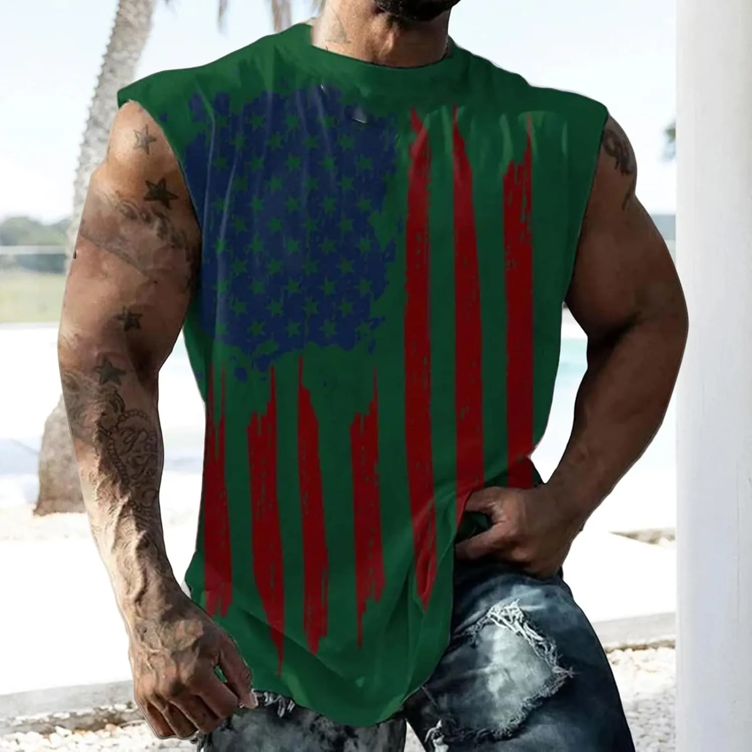 Mens American Flag Tank Tops 4th of July Patriotic Sleeveless Shirt Cut Off Muscle Fit Tops Gym Workout Sports Shirts