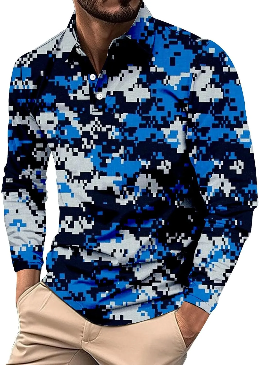 Mens Camo Polo Shirt Moisture Wicking Performance Quick Dry Long Sleeve Military Golf Shirt Tennis Muscle Shirts