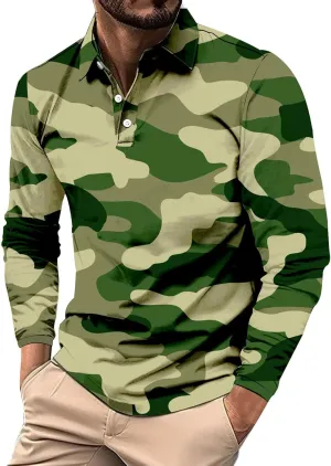Mens Camo Polo Shirt Moisture Wicking Performance Quick Dry Long Sleeve Military Golf Shirt Tennis Muscle Shirts
