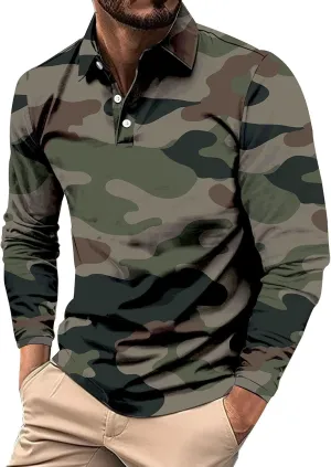 Mens Camo Polo Shirt Moisture Wicking Performance Quick Dry Long Sleeve Military Golf Shirt Tennis Muscle Shirts