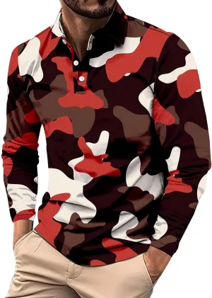 Mens Camo Polo Shirt Moisture Wicking Performance Quick Dry Long Sleeve Military Golf Shirt Tennis Muscle Shirts