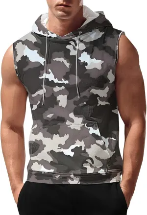 Mens Camouflage Hooded Tank Tops Quick Dry Workout Sleeveless Gym Athletic Hoodies Bodybuilding Muscle Cut Off T Shirt