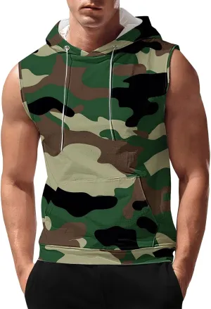 Mens Camouflage Hooded Tank Tops Quick Dry Workout Sleeveless Gym Athletic Hoodies Bodybuilding Muscle Cut Off T Shirt