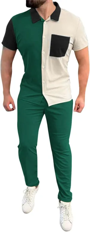 Mens Color Block Tracksuit Summer Matching Set Casual Short Sleeve Button Down Shirts Drawstring Waist Beach Pants
