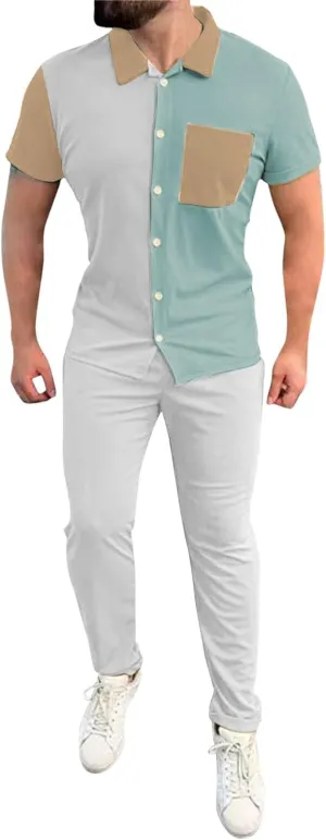 Mens Color Block Tracksuit Summer Matching Set Casual Short Sleeve Button Down Shirts Drawstring Waist Beach Pants