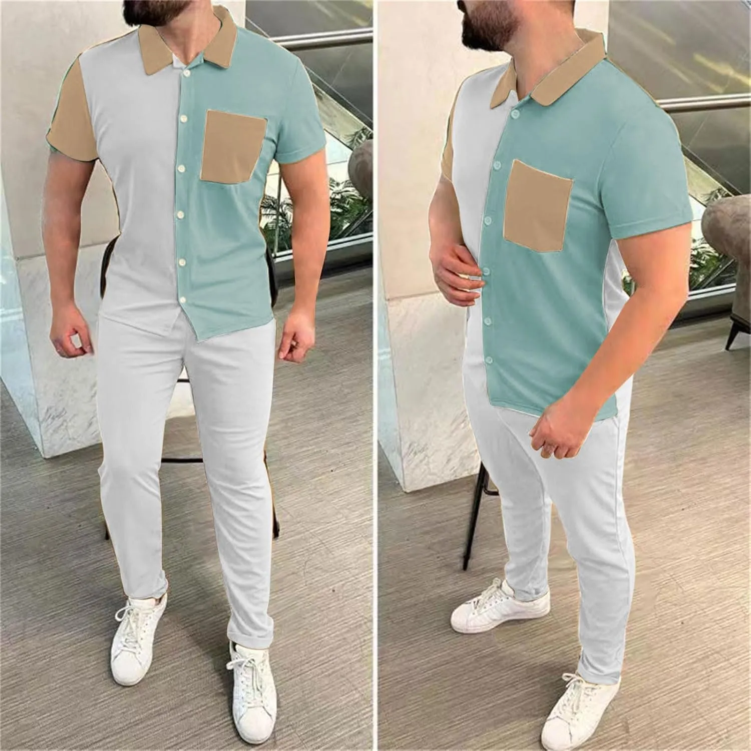 Mens Color Block Tracksuit Summer Matching Set Casual Short Sleeve Button Down Shirts Drawstring Waist Beach Pants