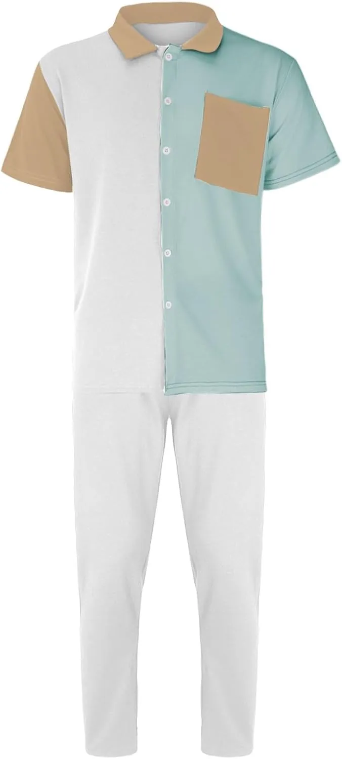 Mens Color Block Tracksuit Summer Matching Set Casual Short Sleeve Button Down Shirts Drawstring Waist Beach Pants