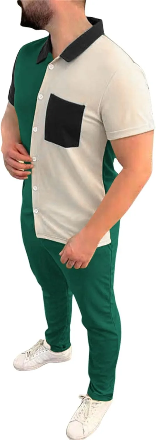 Mens Color Block Tracksuit Summer Matching Set Casual Short Sleeve Button Down Shirts Drawstring Waist Beach Pants