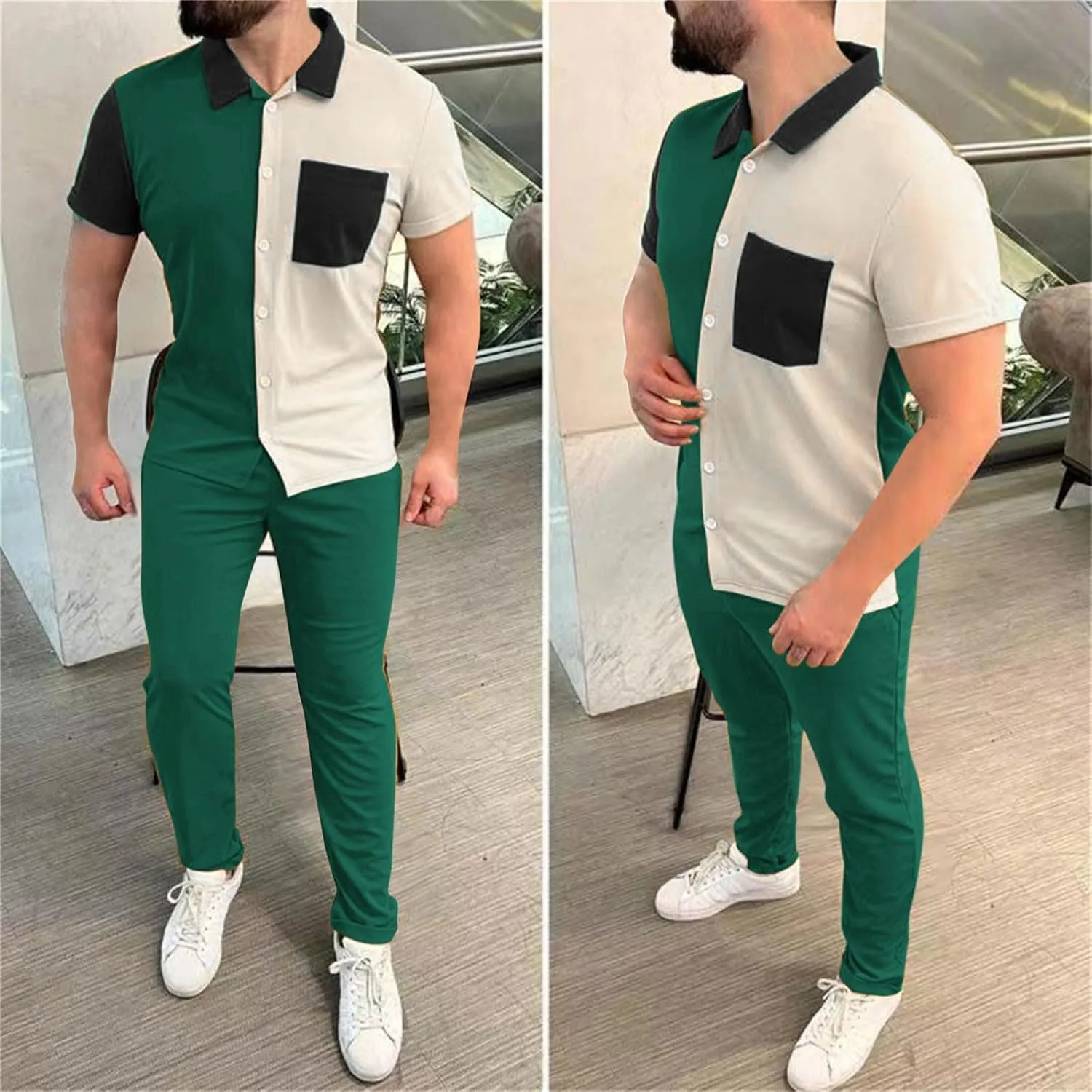 Mens Color Block Tracksuit Summer Matching Set Casual Short Sleeve Button Down Shirts Drawstring Waist Beach Pants